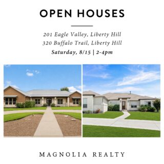 Two open houses, one beautiful neighborhood! 🏡

Come spend your Saturday afternoon touring two homes in Rio Ancho and see what makes this Liberty Hill community such a special place to call home.

📍 320 Buffalo Trail 📍 201 Eagle Valley 🗓️ Saturday | 2–4 PM

Stop by one or make an afternoon of it and tour both! We will be there to show you around, answer questions about the homes, and chat about living in Rio Ancho, the neighborhood, the area, and anything else you’ve been curious about.

Whether you’re actively house hunting or just starting to explore the idea of a move, we’d love to see you!
.
.
#texasrealestate #libertyhill #openhouse